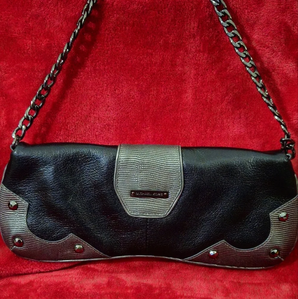 Michael Kors Vintage Limited Edition Black & Silver Leather Baquette Studded Bag